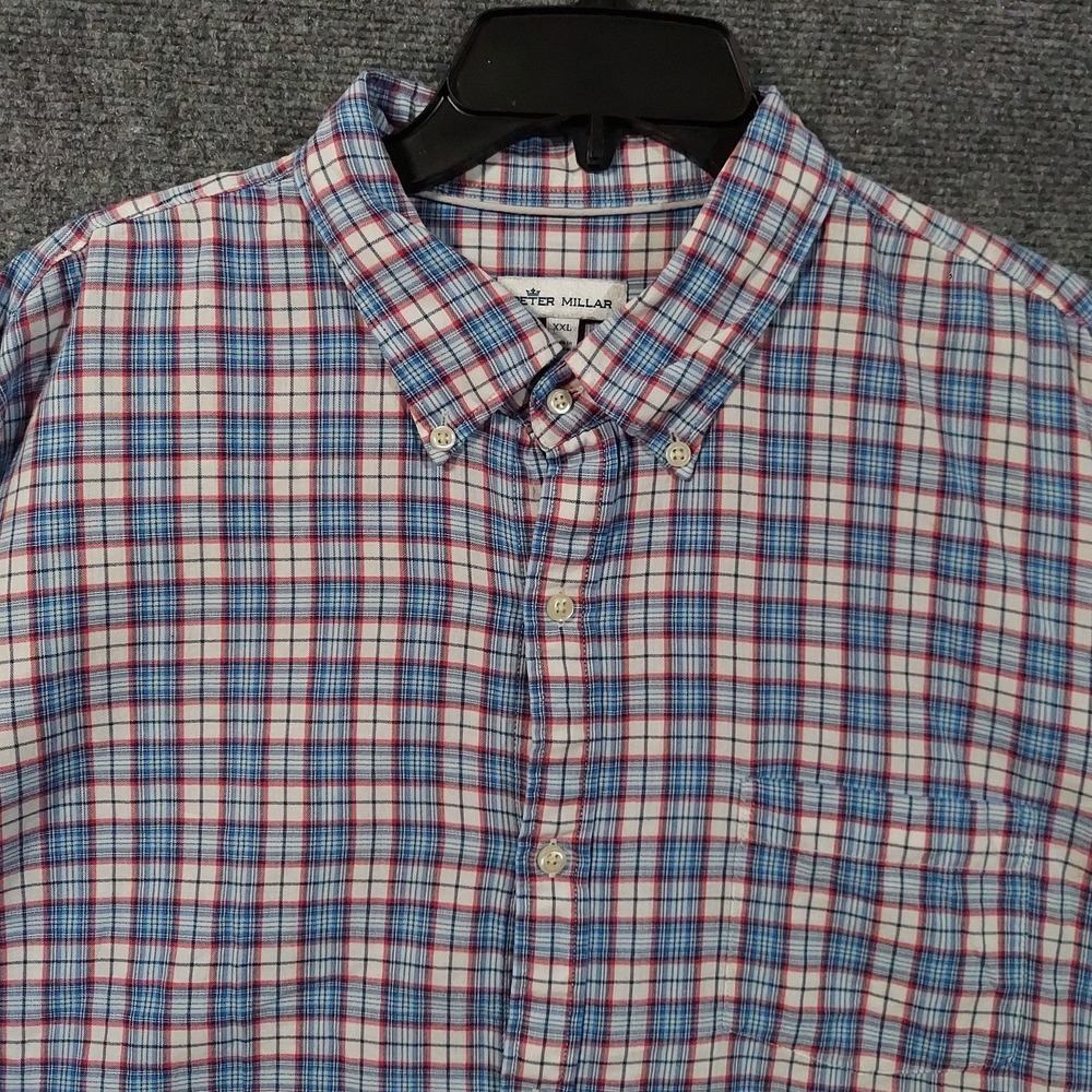 Peter Millar Shirt Mens 2XL Red Blue Plaid Button Down Long Sleeve Pocket Casual